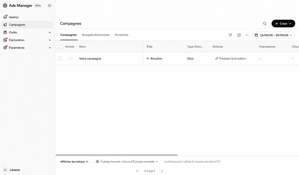 Ads Manager d’OpenAI, liste des campagnes